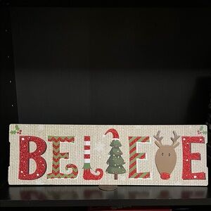 Festive 'Believe' Holiday Sign with Reindeer and Tree